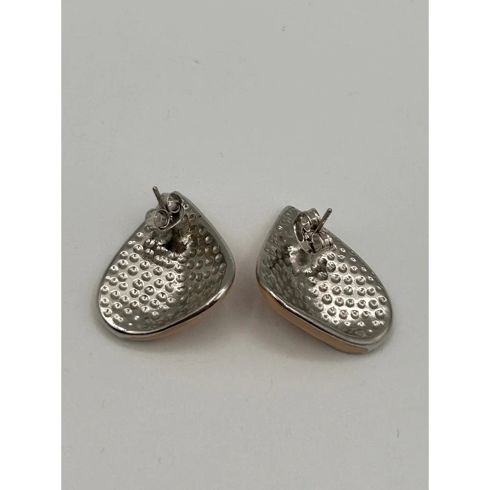 Vintage Tan Cream Enamel Teardrop Stud Earrings Silver Tone Textured Back